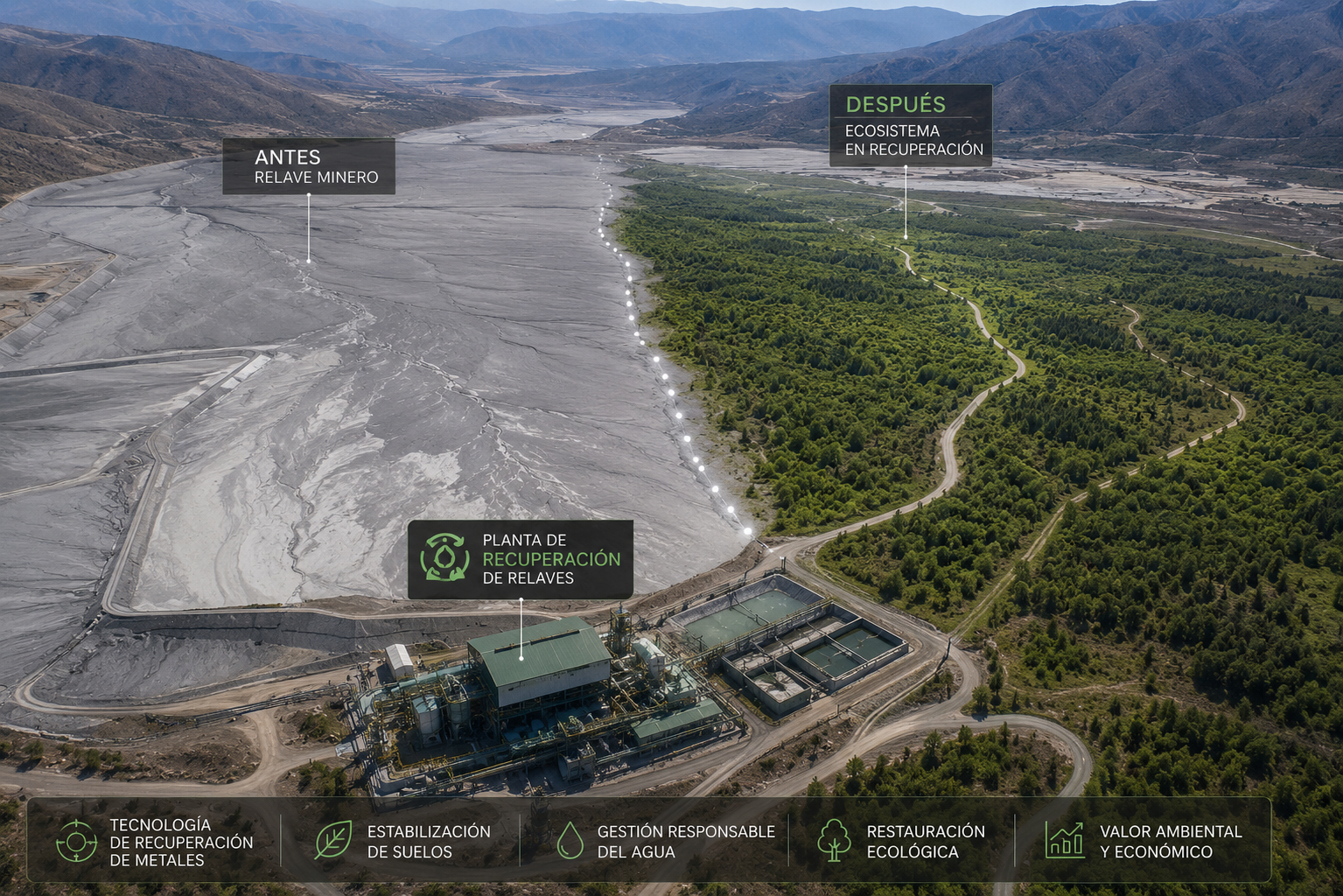 Vista aérea antes y después — relave minero en proceso de recuperación ecológica con planta Kuvee Mining
